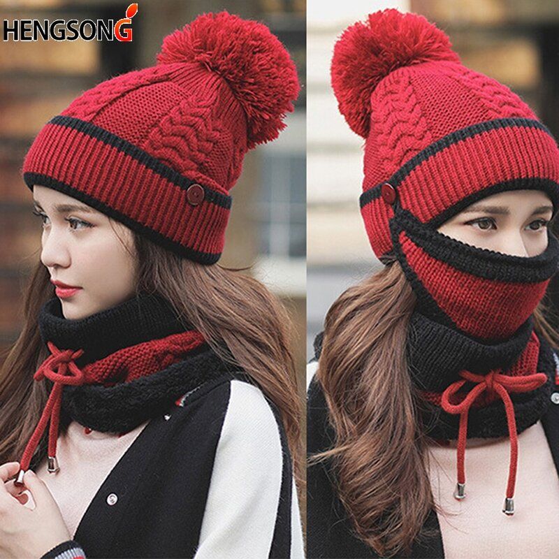 Women Knitted Wool Scarf Hat Pompom Cap Set Warm Winter-SR Super Mall