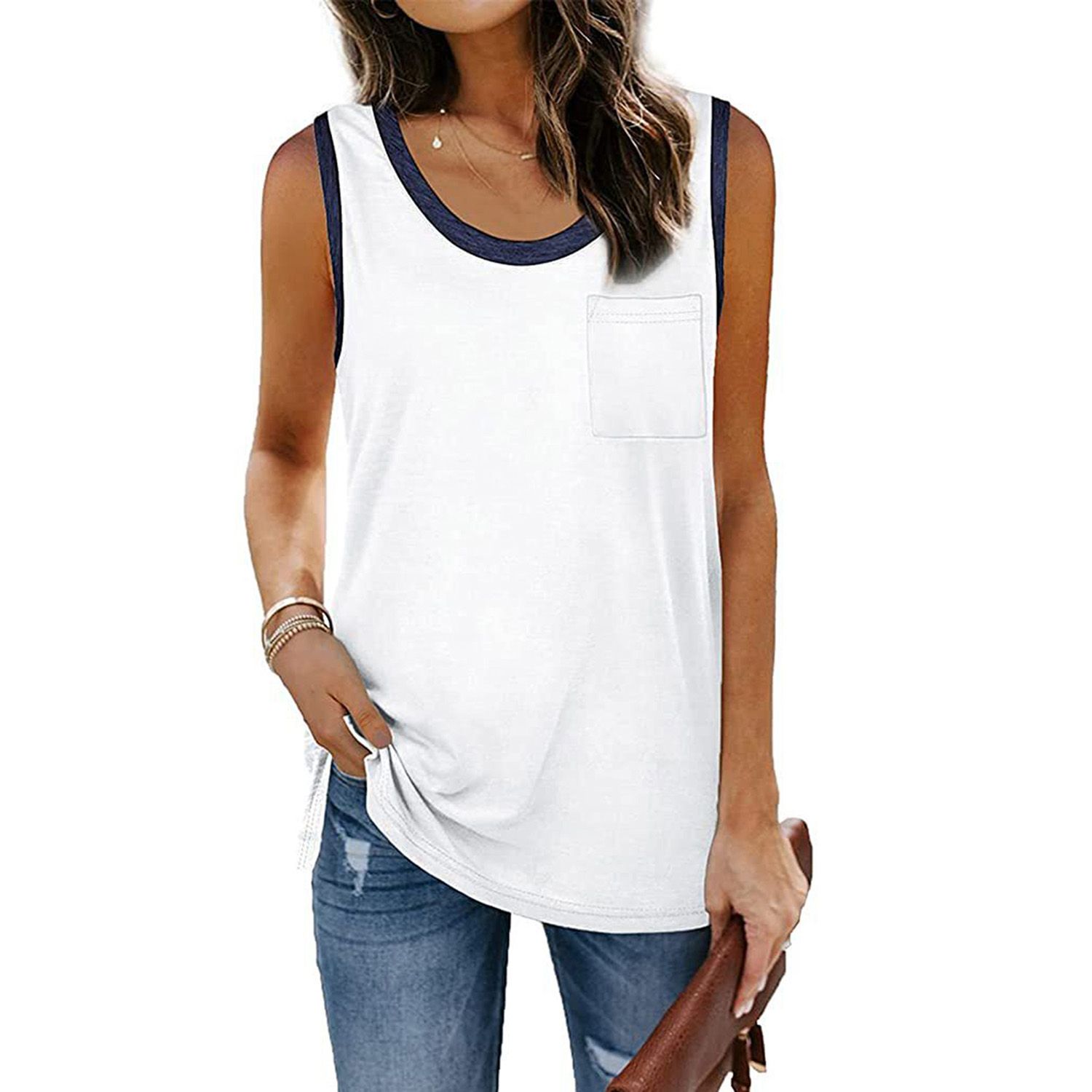 Women Summer Tank Tops, Stitching Round-Neck Sleeveless Long Vest with Pocket for Girls, 8 Colors