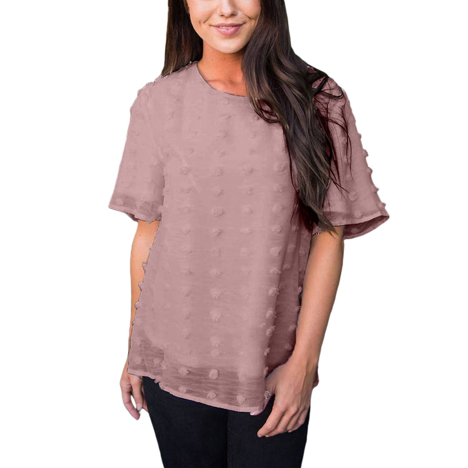 Women Casual Loose Style T-shirt, Round Collar Short Sleeve Solid Color Tops, XS-XXXL