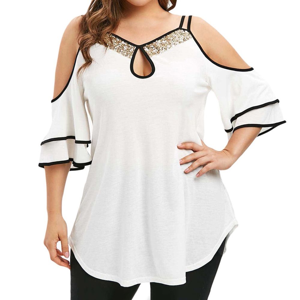 Plus Size Women Sequins Neck Cold Shoulder Ruffled Sleeve Irregular Hem Blouse
