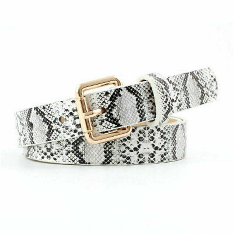 Hirigin Women Belts Square Metal Buckle Faux Leather Snakeskin Printed Stretch Elastic Band Lady Waist Belt Sexy Buckles Belts