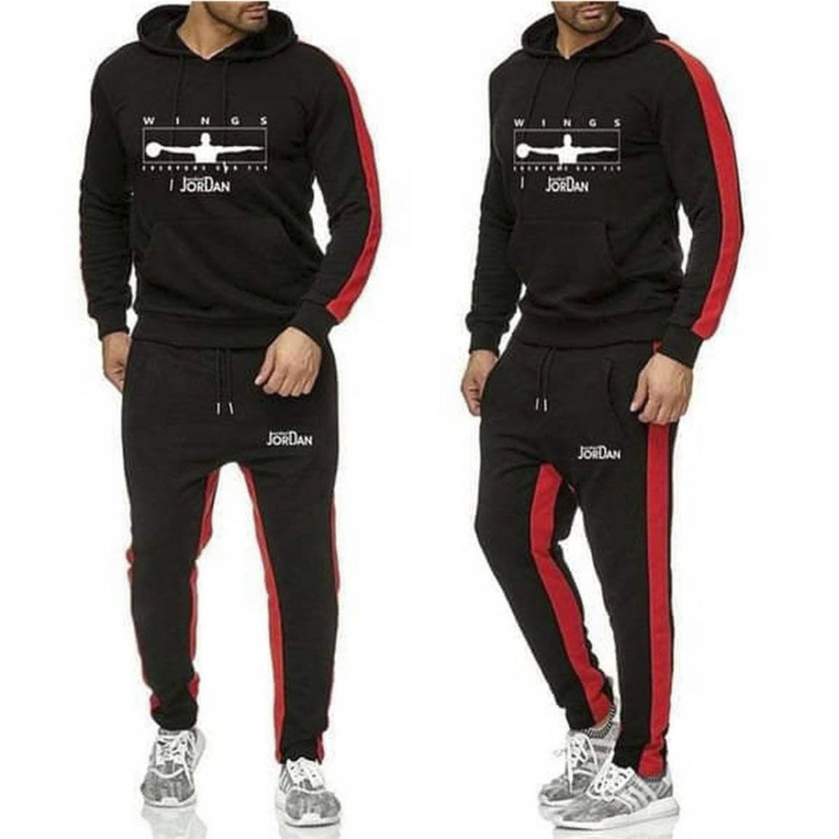 Cotton Long Sleeve Hoodie Set for Men - Black And Red