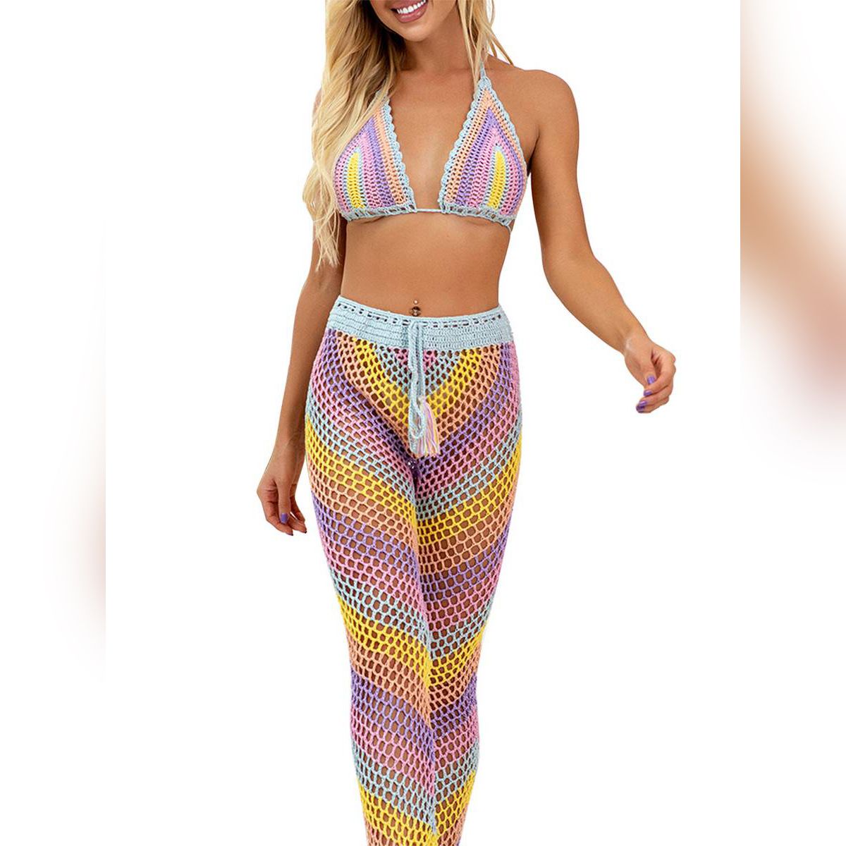 Women Colorful Crochet Bikini Sets, Halter Triangle Bra + Elastic Long Pant Swimsuits Swimwear