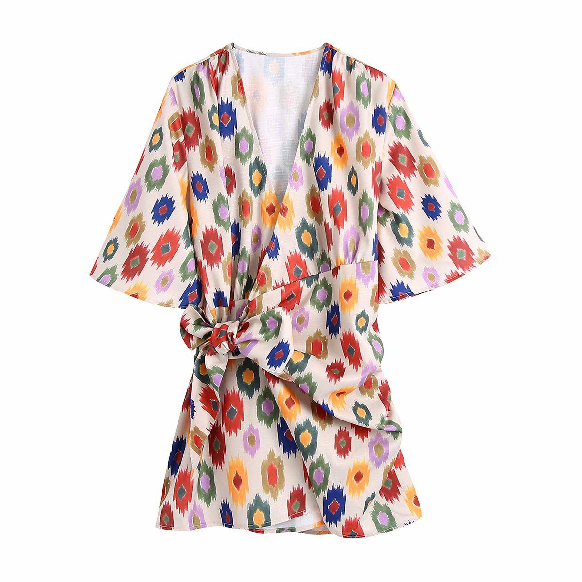 ZEVITY New Women Vintage Cross V Neck Geometric Print Tied Slim Mini Dress Female Short Sleeve Casual Kimono Vestidos DS8691