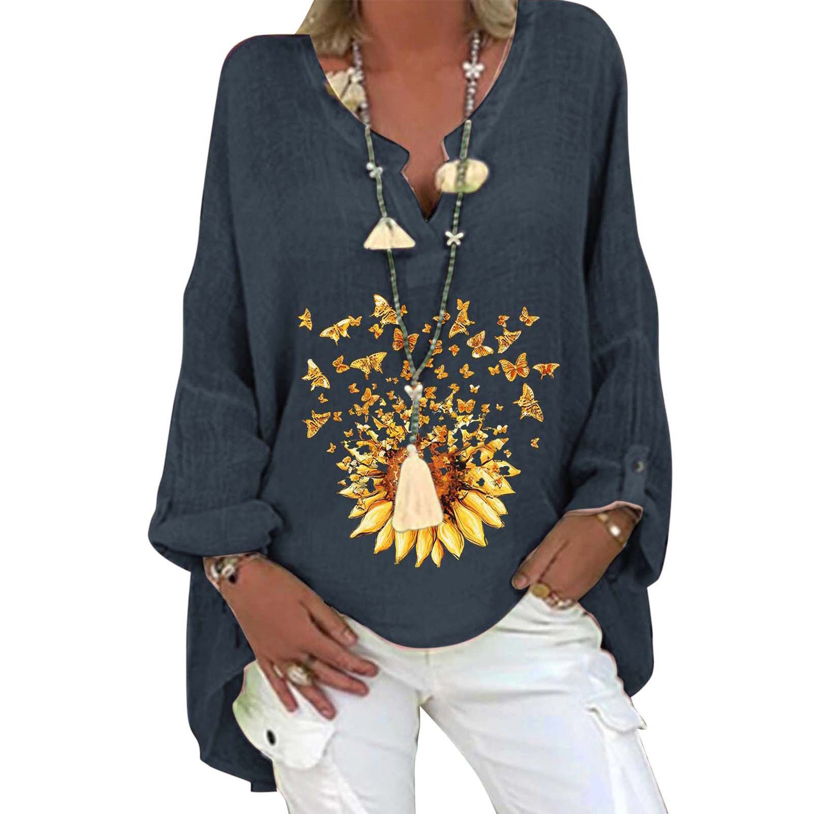 Women Top Pure Colors V Neck Long Shirt