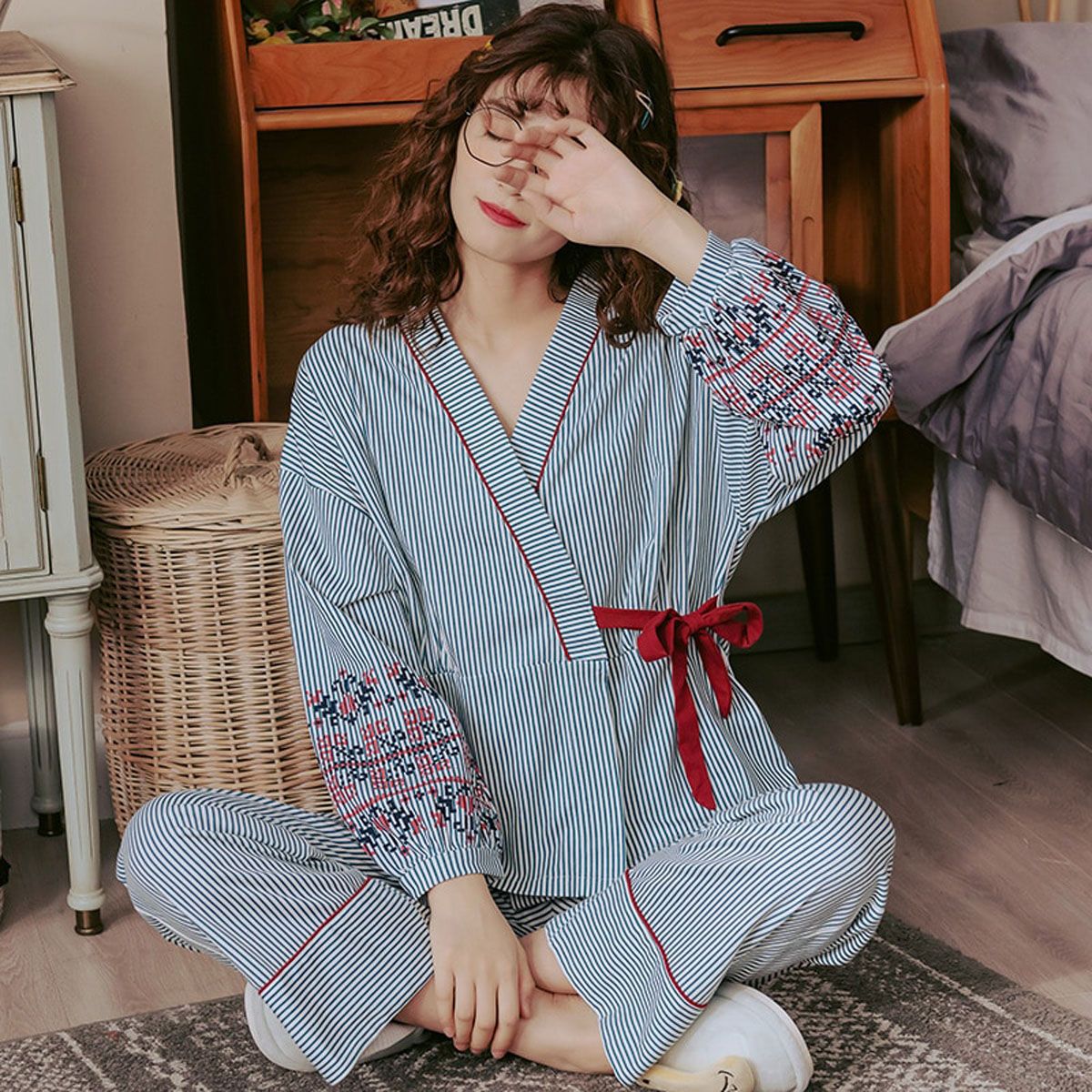 Jnese style Pajamas For Women stripe Sleepwear Women Cotton Cute Girls Loose Pyjama Femme Home Wear Large Size Kimono Pijama