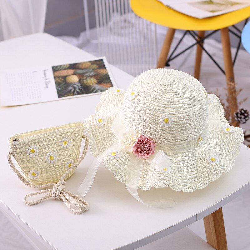 Summer Girl children 2 pieces set straw hat+ Flower Visor cap Straw hat Panama gorros Baby Girl Sun hat