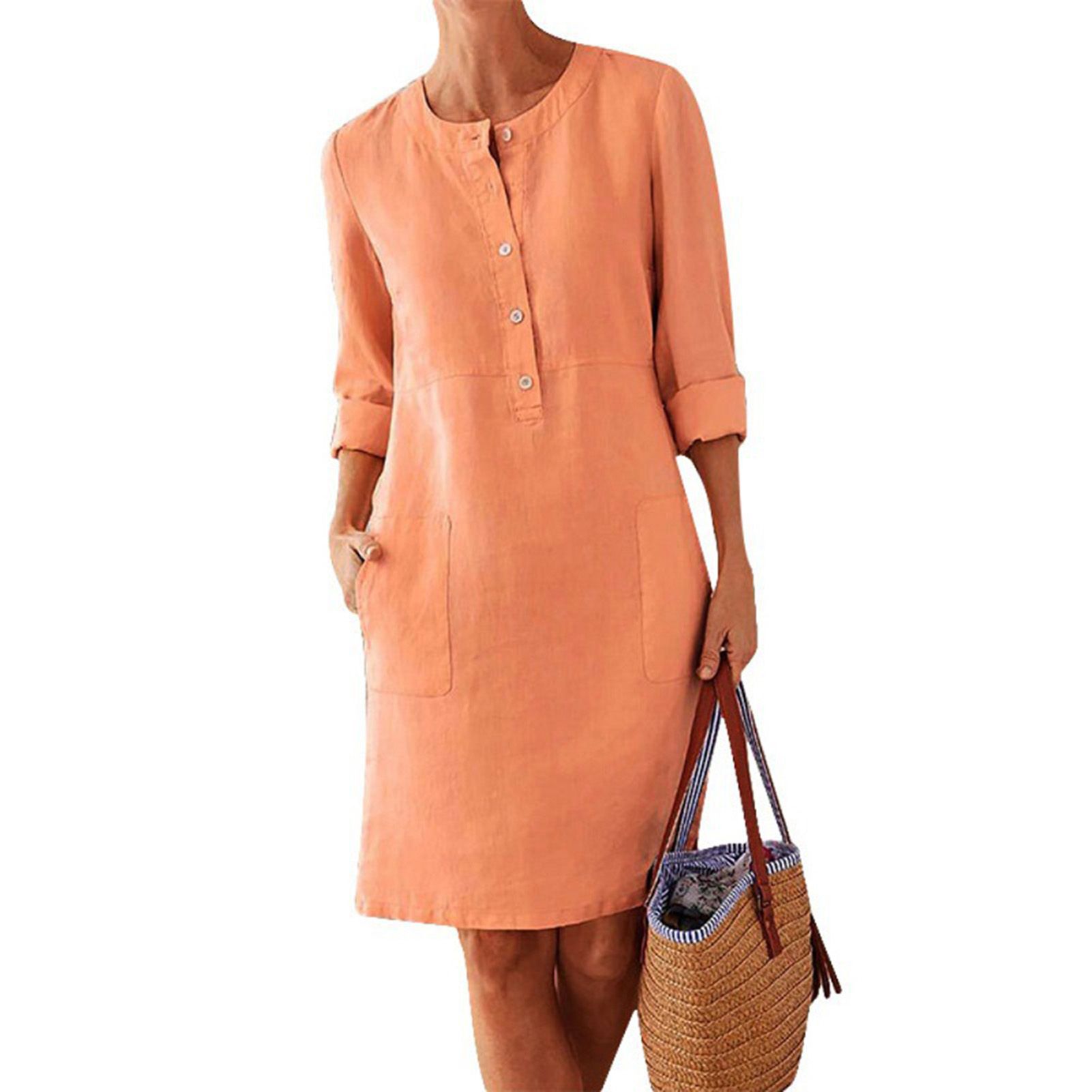 Women Dress Solid Color Pockets Summer Round Neck Long Sleeve Buttons Dress for Dating