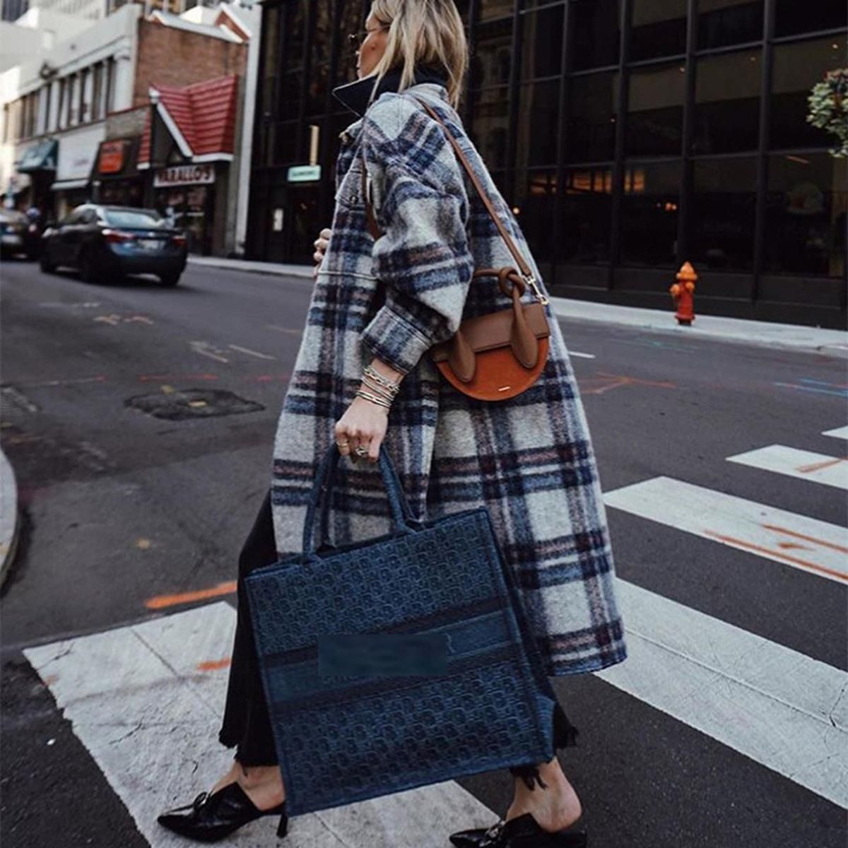 Winter Women's Office Ladies Windbreaker Windbreaker  Fashion Lapel Full Plaid Loose Coat Wool
