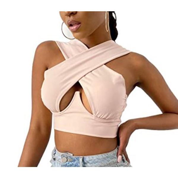 Women's Criss Cross Tank Tops Sleeveless Solid Color Cutout Front Crop Tops Party Club Streetwear Summer Lady Bustier Tops