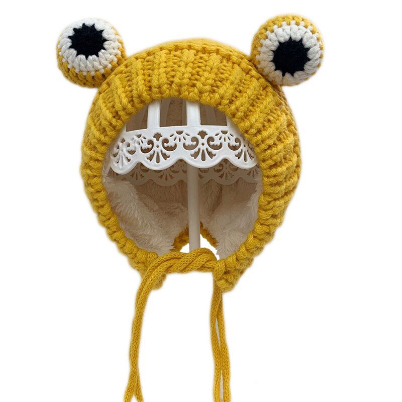Kids Baby Winter Warm Chunky Cable Knitted Beanie Hat Cute Cartoon Frog Shaped Warm Plush Lined Windproof Earflap Cap