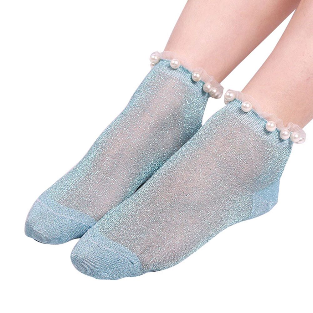 y Women Faux Pearl Glitter Transparent Low Cut Elastic Short Ankle Socks