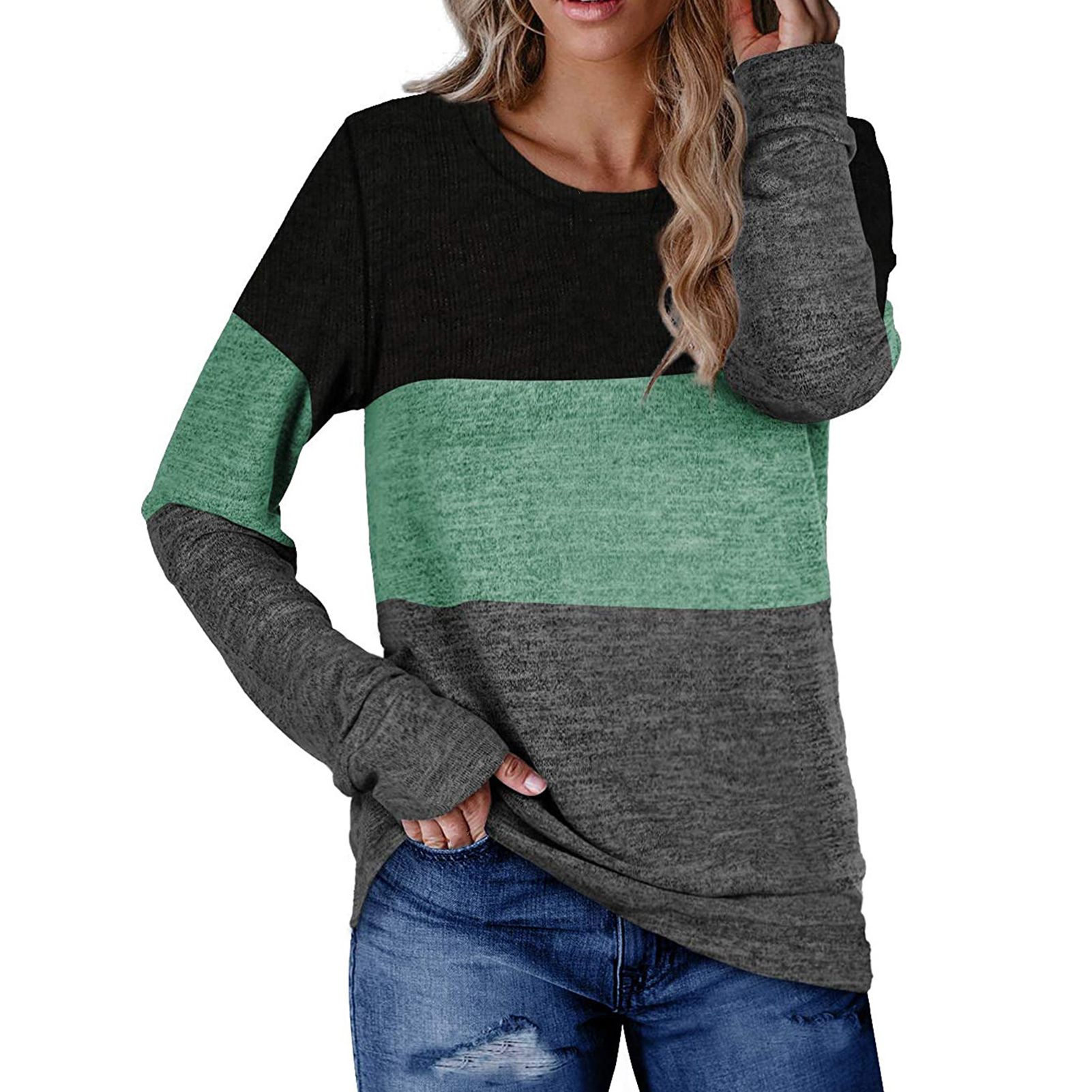 Women Pullover Color Block Elegant Contrast Color Sweatshirt