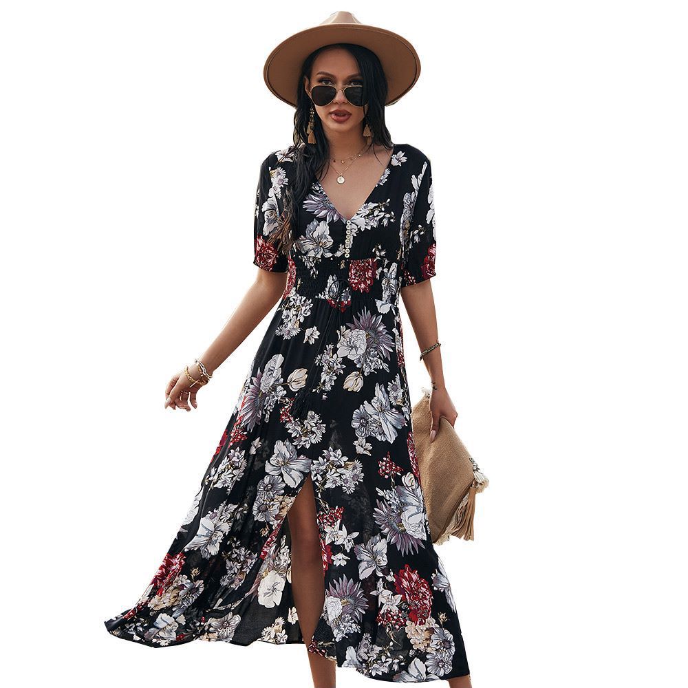 Short Sleeve Maxi Split Dress Summer 2021 Beach Boho Print Sexy V-Neck Floral Long Dresses Women Casual Loose Party Elegant Robe