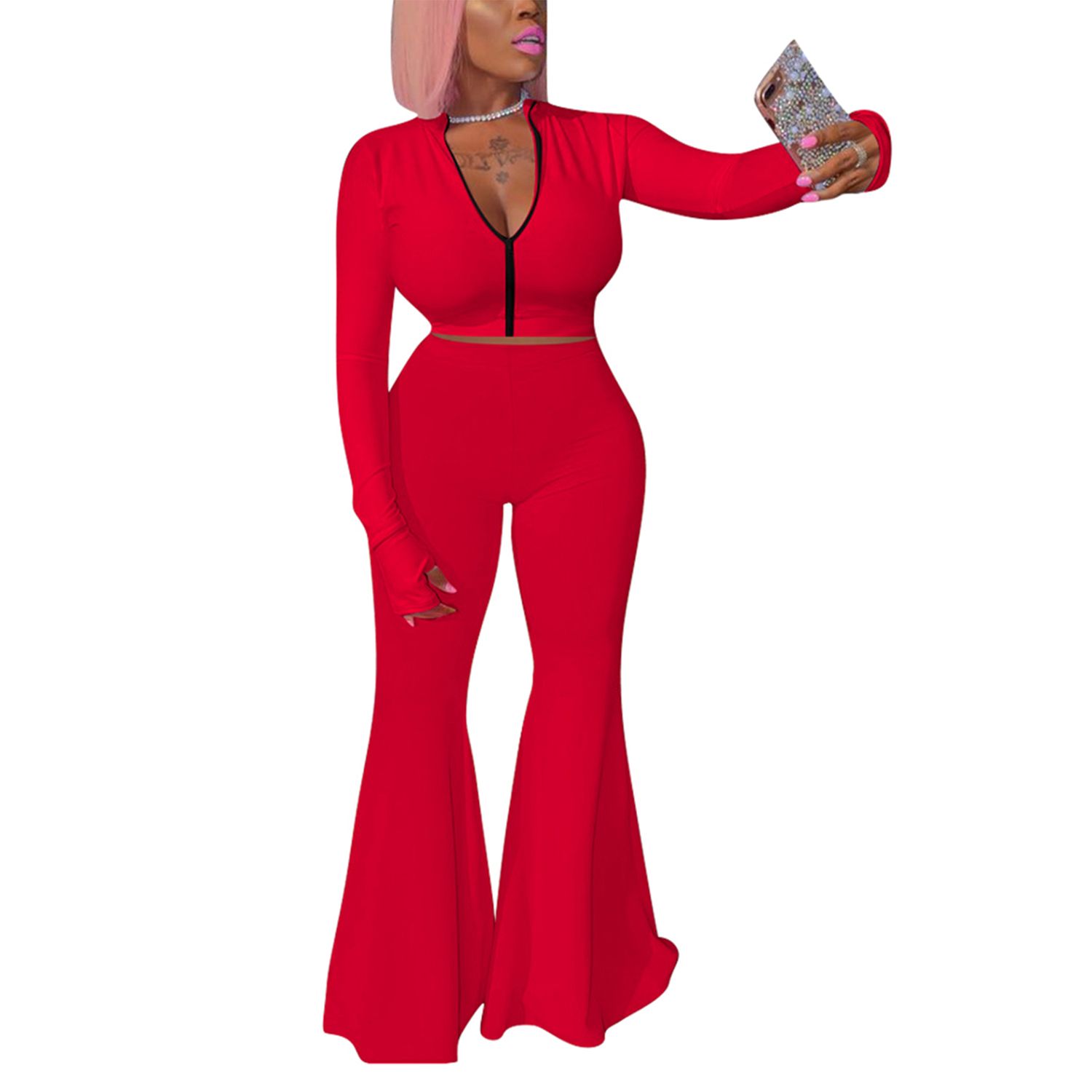 2021 2Pcs Women Autumn Outfit, Solid-Color Stand-Collar Long-Sleeves Coat + High-Waist Bell-Bottoms Pants