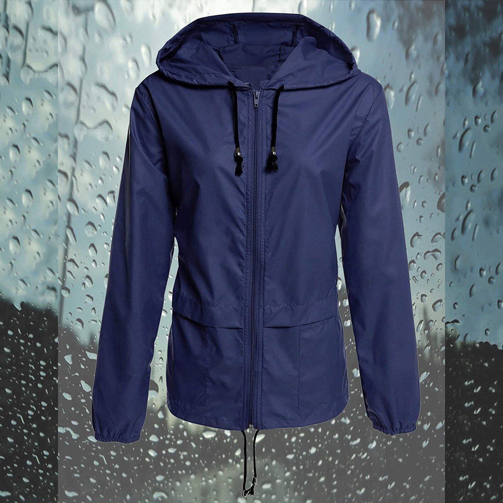 Women Solid Long Sleeve Pocket Outerwear Loose Waterproof Splice Windbreaker Daily Simple Windbreaker