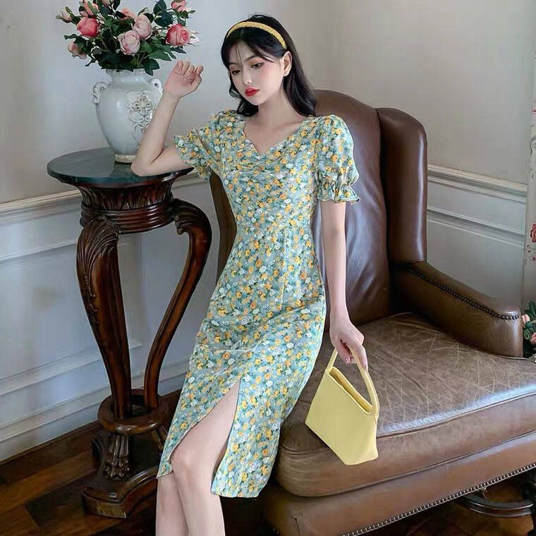 IELGY women's French temperament daisy fresh floral slit dress