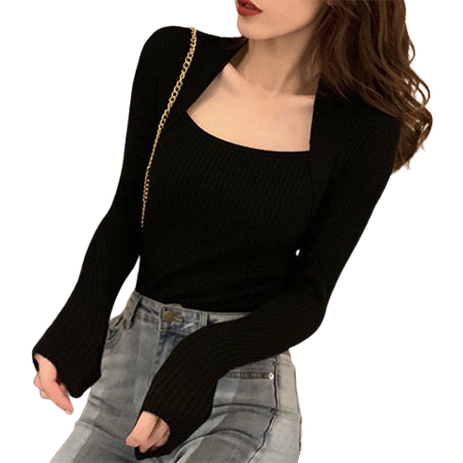 Knitted Pullover Solid Color U-Neck Sexy Knitted Blouse
