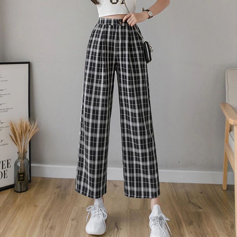 Vintage Plaid Pants Women Elastic Waist Loose Pants Korean High Waist Trousers Casual Retro Wide Leg Pants