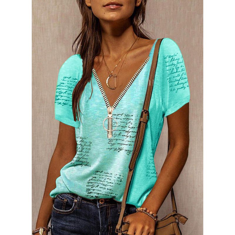 2021 Summer Women T-Shirt Fashion Urban Leisure New Loose Zipper Pullover V-Neck Printing Irregular Stitching Short-Sleeved Top