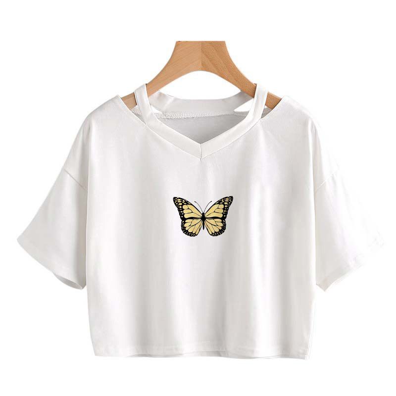 Summer Women Gothic  T-Shirts Butterfly Crop Top Girls Short Sleeve Punk Harajuku Tee Fashion Vintage V-neck Cute short tops