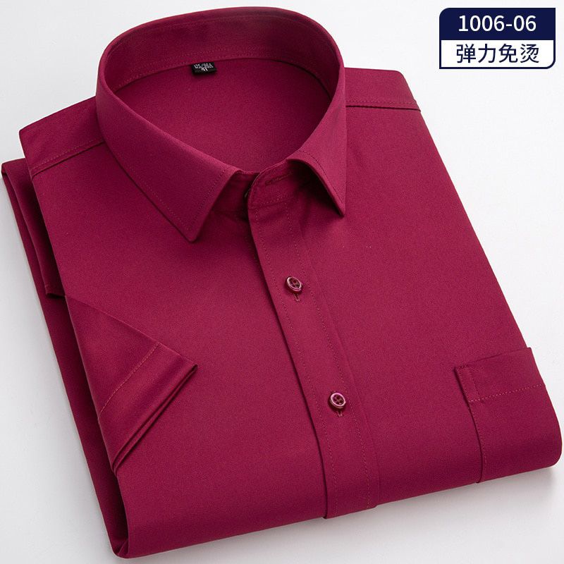 Soft Smooth Slight Ealstic Non Iron Men's Short Sleeve Dress Shirt Summer Fashion Solid Male Business Formal Shirts Casual Tops