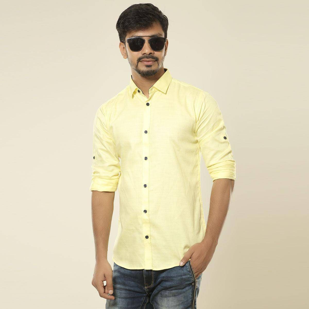 Yellow Cotton Casual Shirt For Men