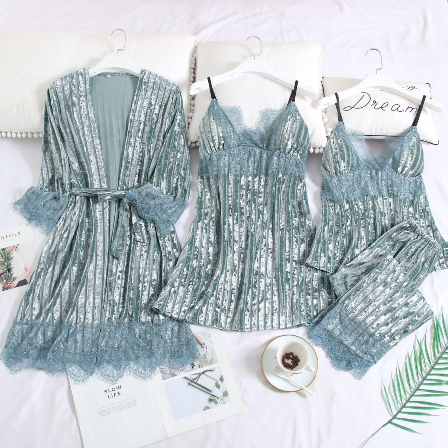 Kimono Robe Set Intimate Lingerie Green Pajamas Suit Velour Autumn  Sleep Set Homewear Velvet Nightwear Bathrobe Gown