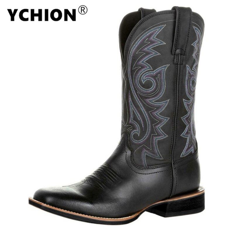Men's Western Cowboy Boots Flock Mid Calf Work Mens Shoes Handmade England Style Men Low Heel Pointed Toe Slip On Shoes Boots
