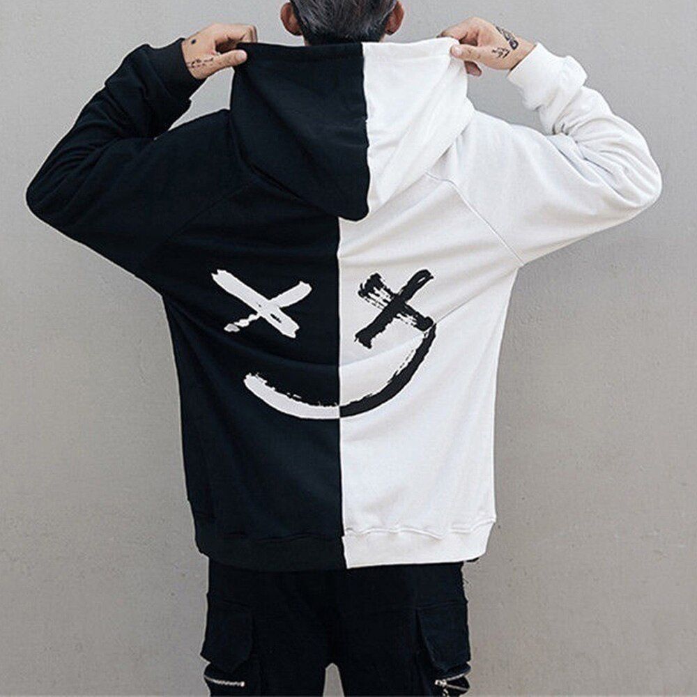 Men's Hoodie Sweatshirts Fashion Happy Smile Print Patchwork Hooded Sweatshirts Men Woman  Hop Pullovers Couple Streetwear