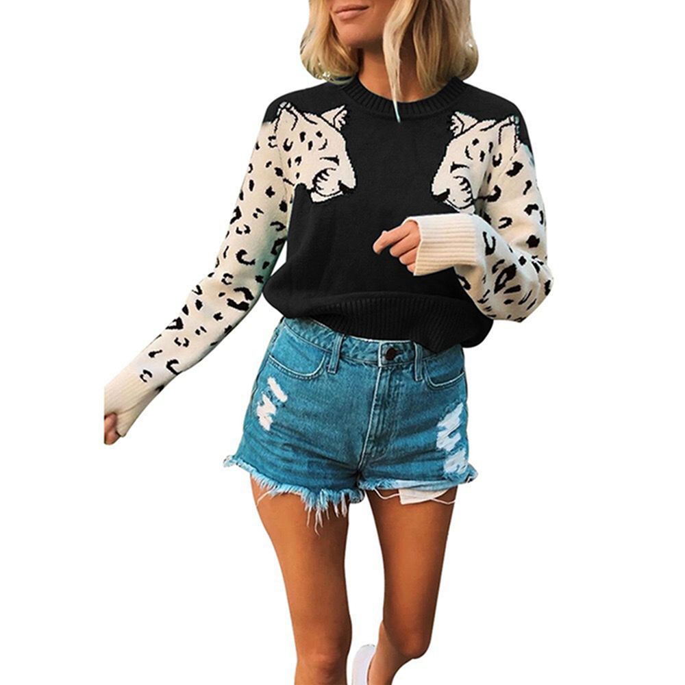 Knitted Sweater for Women Beautiful and Fashionable Round-Shaped Collar Long Sleeve Knitted Sweater with Leopard Pattern for Women Soft and Comfortable Sweater for Women
