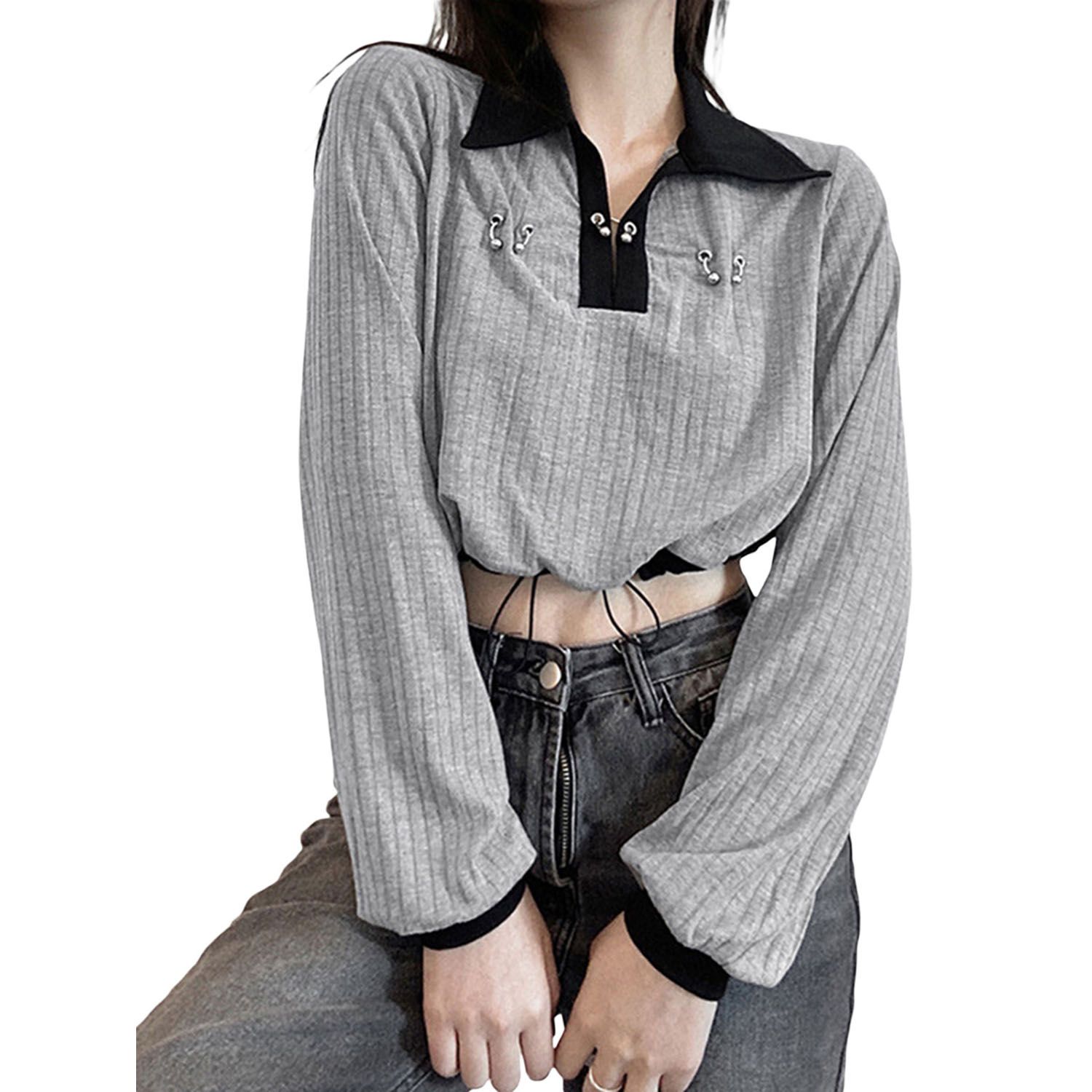 Women's Lapel V Neck Crop Tops, Long Sleeve Drawstring Hem Color Block Loose T-Shirts