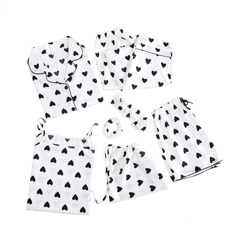 Lingering Warmth 7 Pieces Womens Silk Satin Pajamas Sets Pyjamas Set Sleepwear Pijama Pajamas Suit Female Sleep Set Loungewear