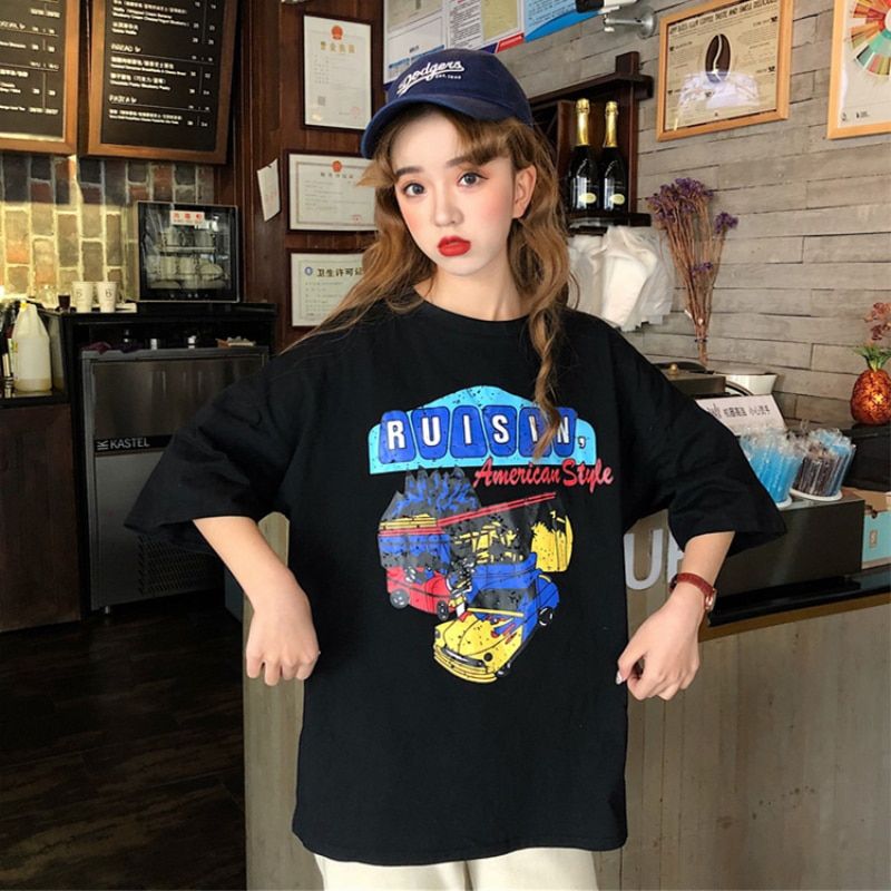 T-shirts Women Harajuku Milk Printed Kawaii BF Couple Clothes Uni Loose Long Summer Tee Top Womens Tshirt Korean Style Trendy