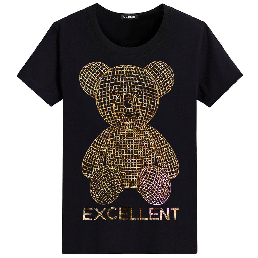 Rhinestones Tshirt Men T Shirt UniStreetwear Slim Men's Short Sleeve Shirts  Inlaid Teddy Bear Toy Plus Size Cool Hot