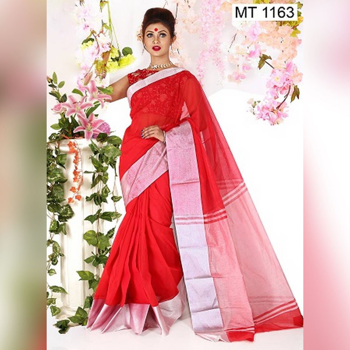 Red & Silver Half Silk Saree with Blouse Piece for Women (from Tangail)