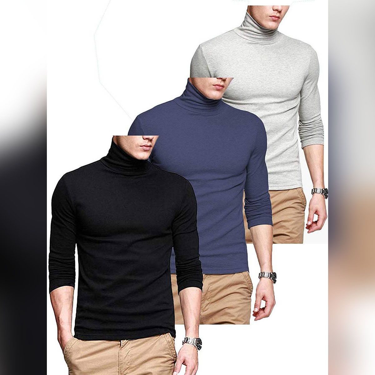 Pack of 3 Men's Fashionable Full Sleeve High Neck Sweater
