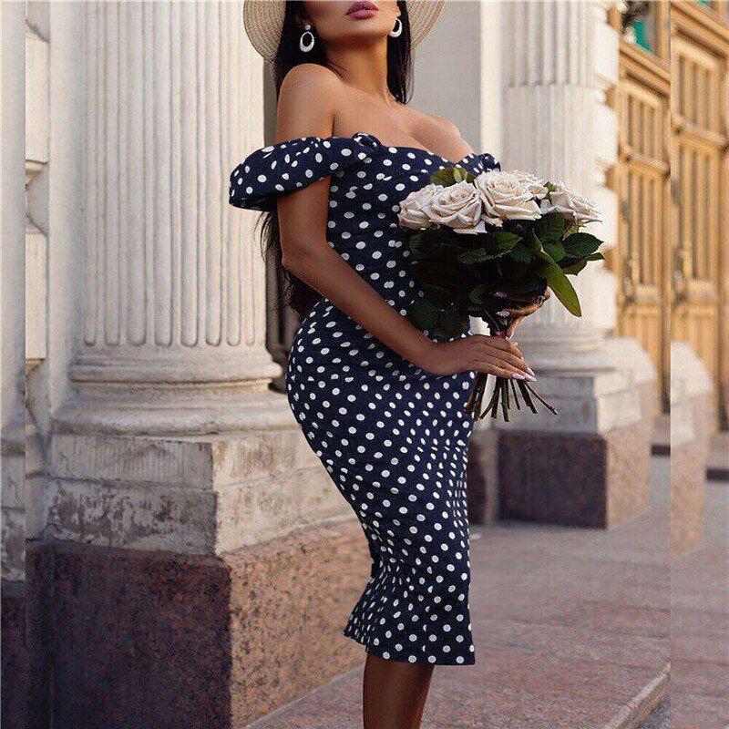 Polka Dot Print Hip Women Dress Off Shoulder Short Sleeve Bodycon Dress Formal Evening Party Dresses