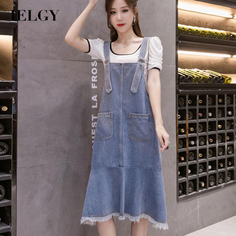 IELGY Plus size Denim Straps Casual Loose Women's clothing Mid-length Slim Dresses