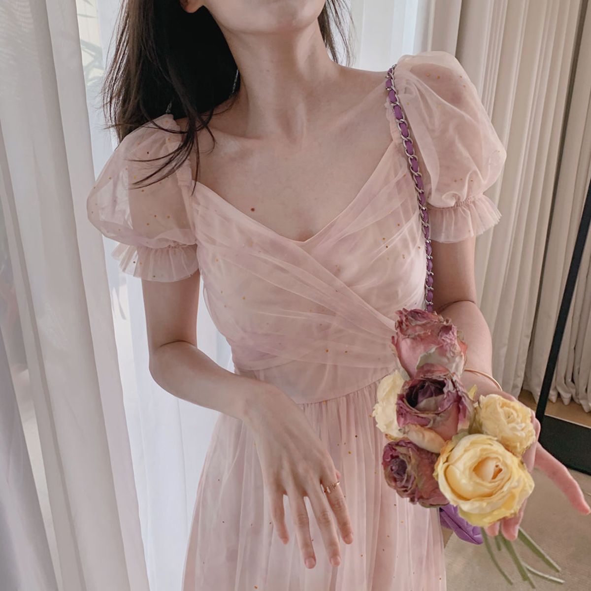 Summer Vintage Dress Women French Style Lace Chiffon Fairy Dress Casual Puff Sleeve Summer Autumn Clothes Designer Dress 2020