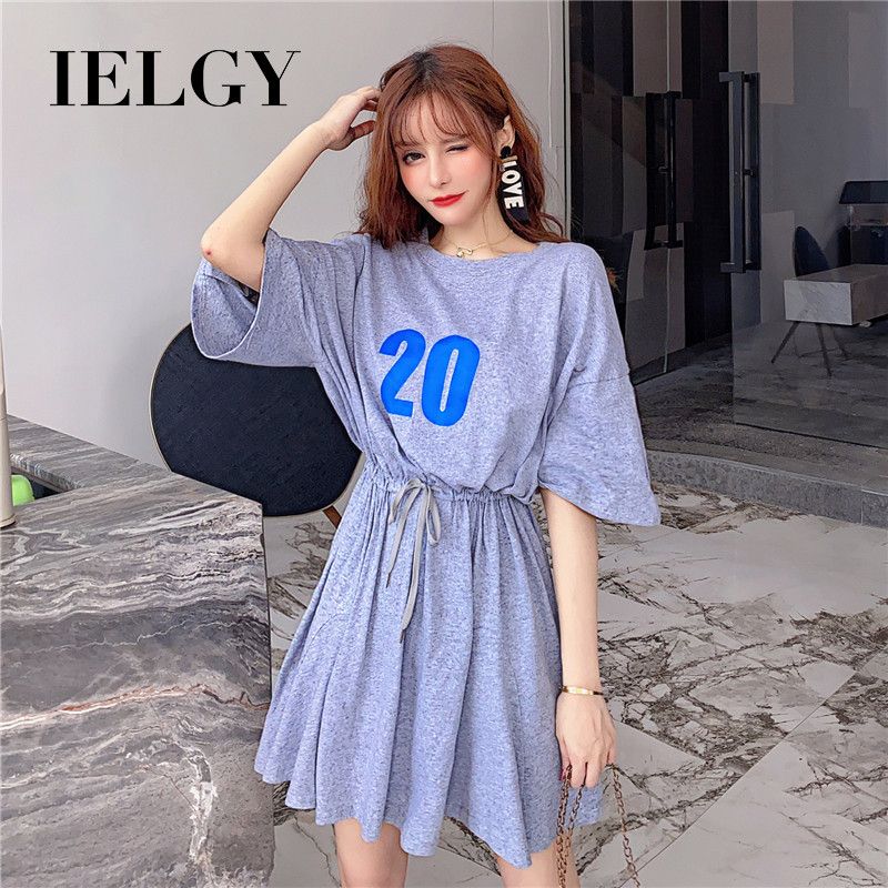 IELGY summer loose Korean version of the drawstring waist was thinner in the long short sleeve t-shirt dress women