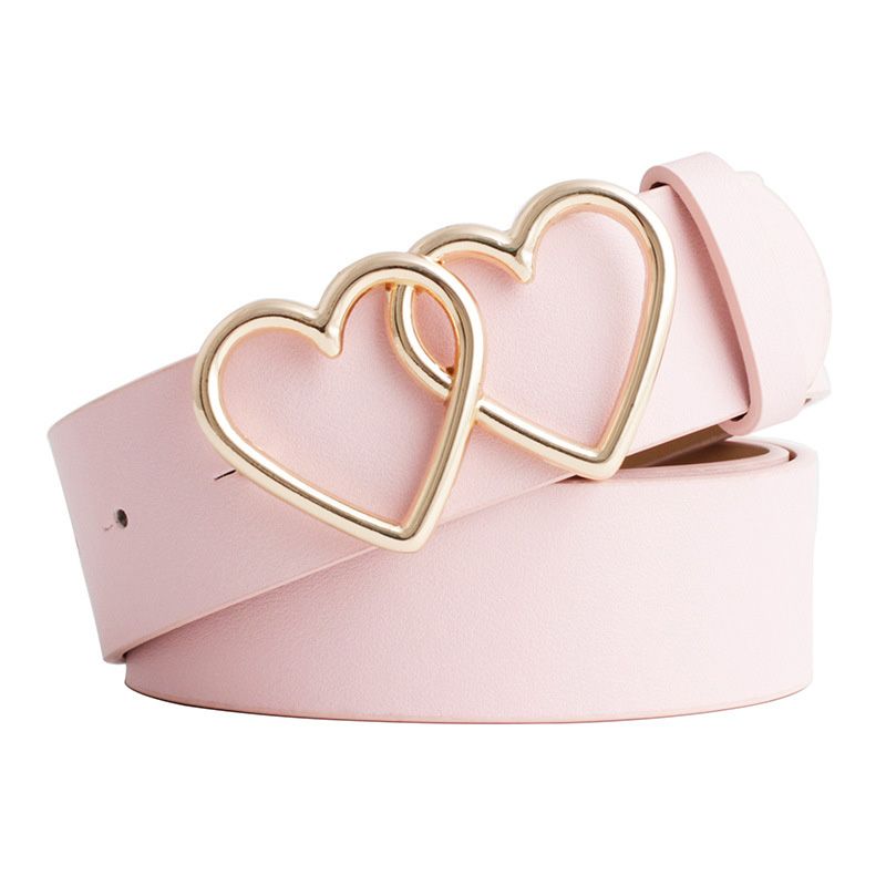 Loldeal 3.3x107cm New Korean Style Peach Heart Double Buckle Belt Women's All-Match Decoration Heart Buckle Jeans Belts