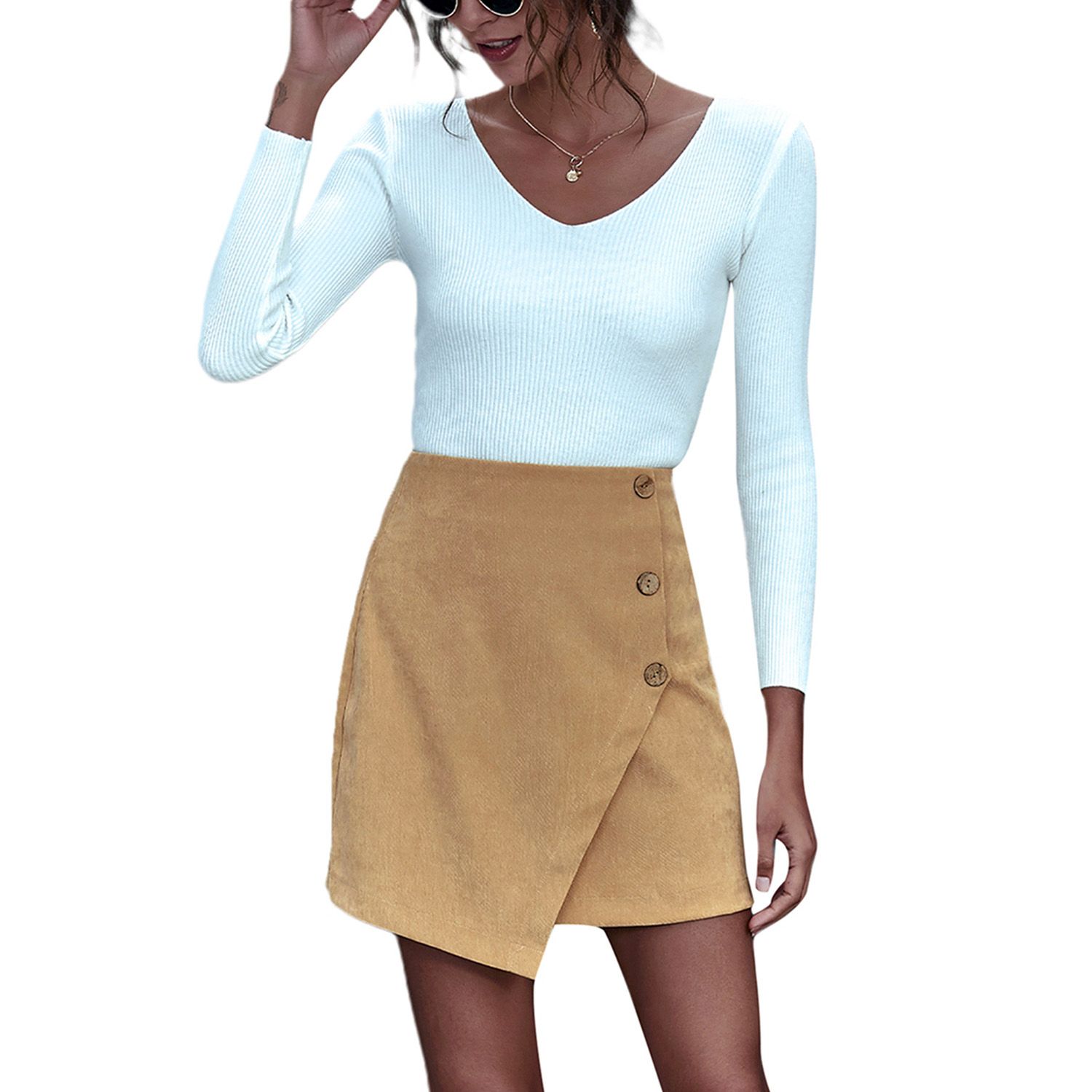 Women Irregular A-line Skirt, Spring and Summer Adults Solid Color Skirt with Decorative Buttons