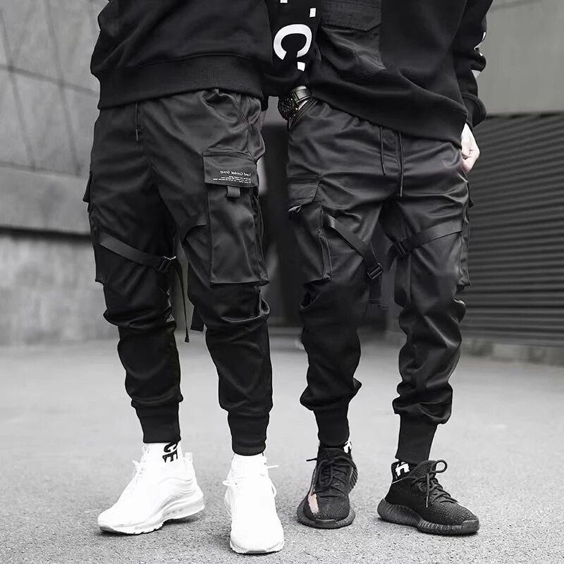 Ribbons Harem Joggers Men Cargo Pants Streetwear Hip Hop Casual Pockets Track Pants Male Harajuku Fashion Trousers