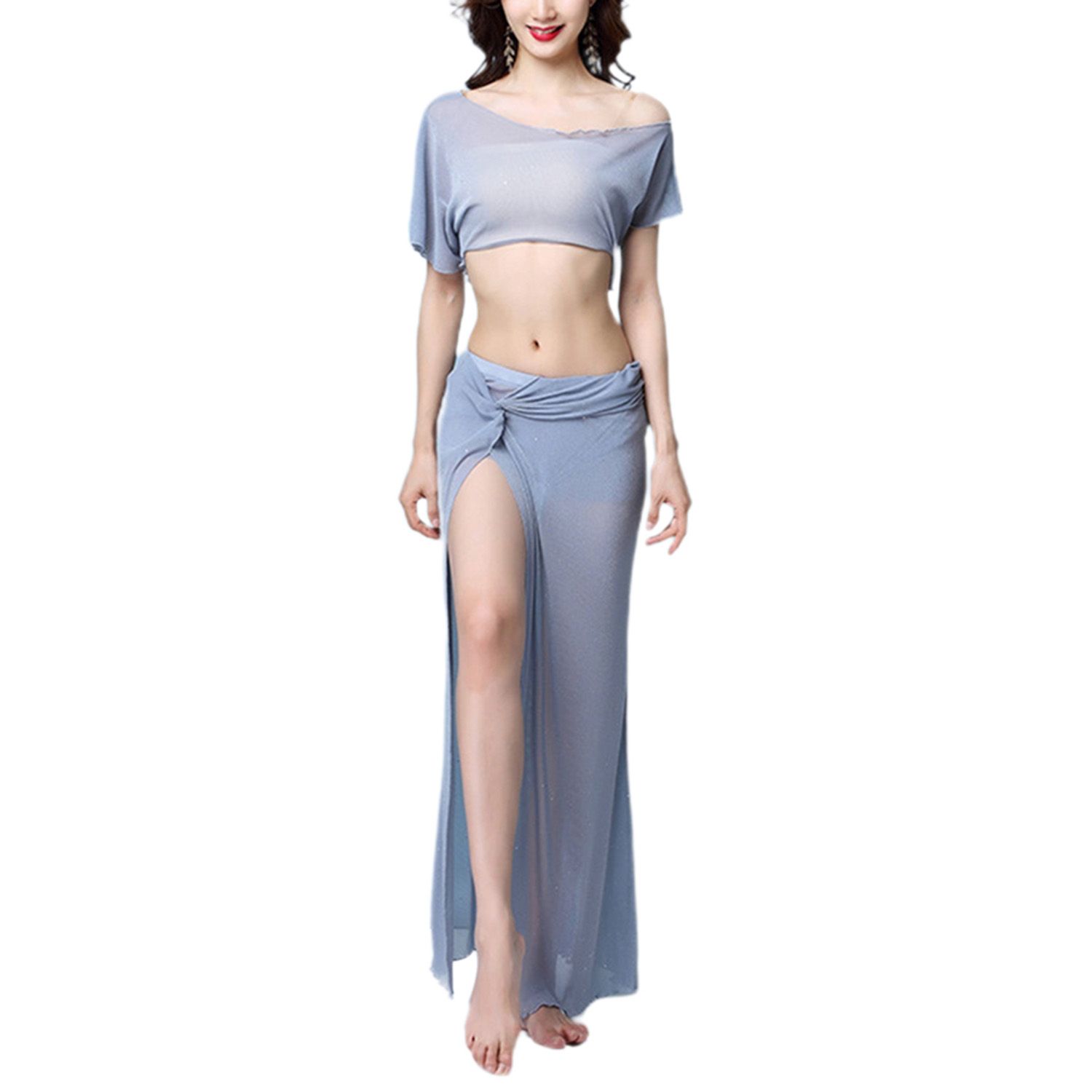2021 Women's Belly Dance Practice Clothes, One Shoulder Crop Top and Split Maxi Skirt 2-Piece Outfits