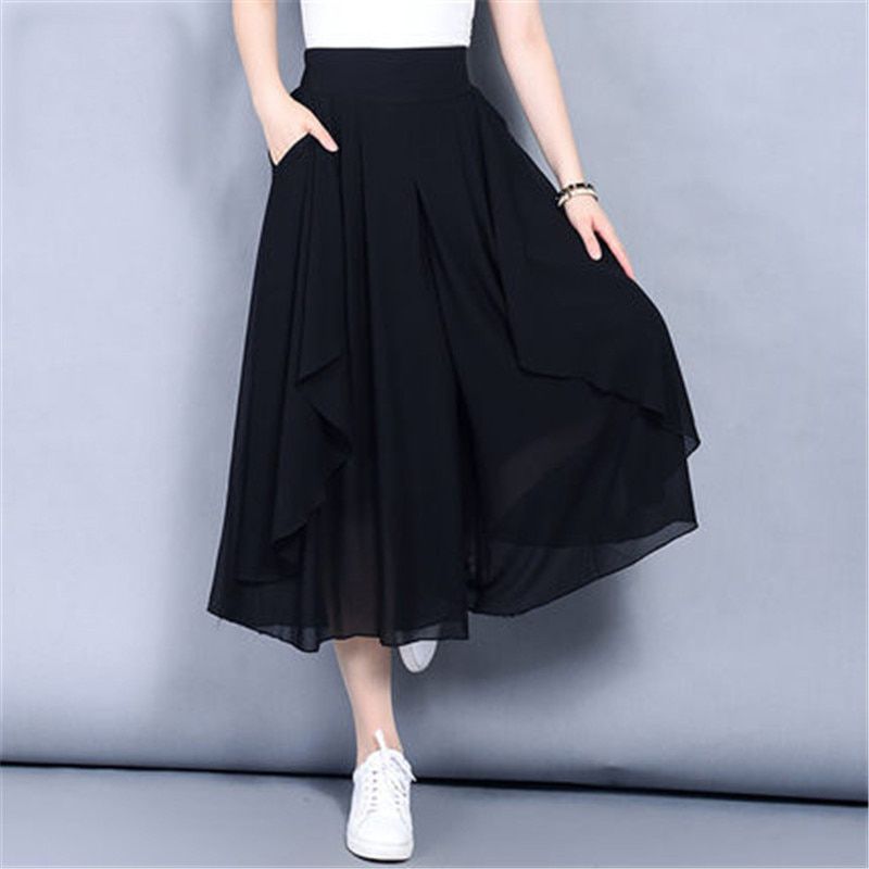 Large Size Women's Chiffon Pants Skirt Summer Loose Thin Wide Leg Pants High Waist Elastic Elegant Pants X846