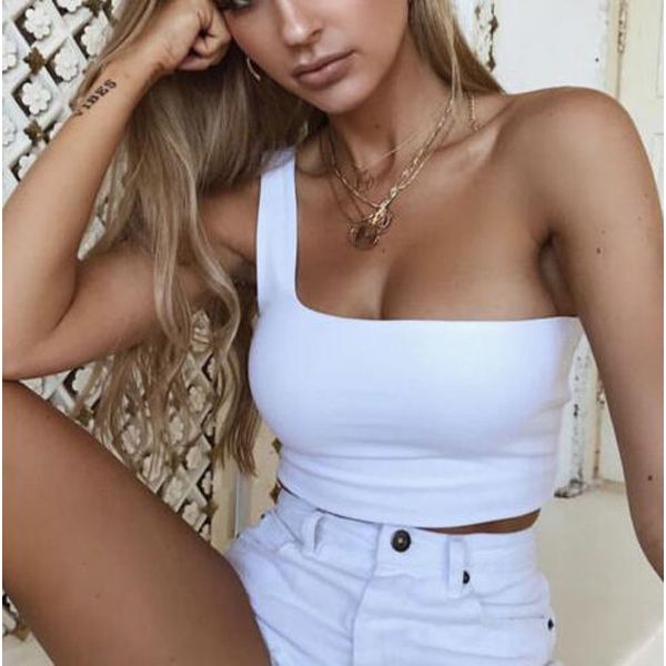 Women Lady Female One Shoulder Crop Tops Sleeveless T-Shirt Tank Tops Summer Beach Vest Bare Midriff Summer Clothes