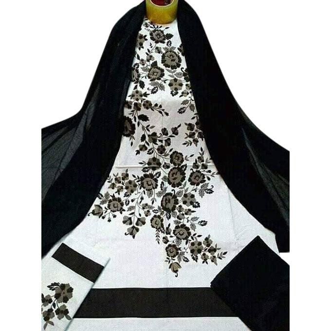 Unstitched White and Black Cotton Salwar Kameez