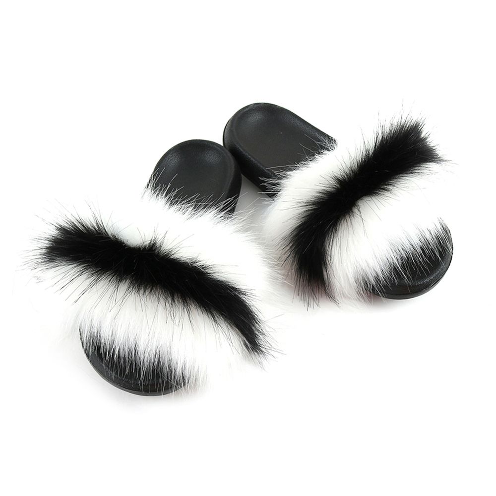 Stylish Women Color Block Faux Fur Flat Slippers Sandals Non Slip Homewear Shoes