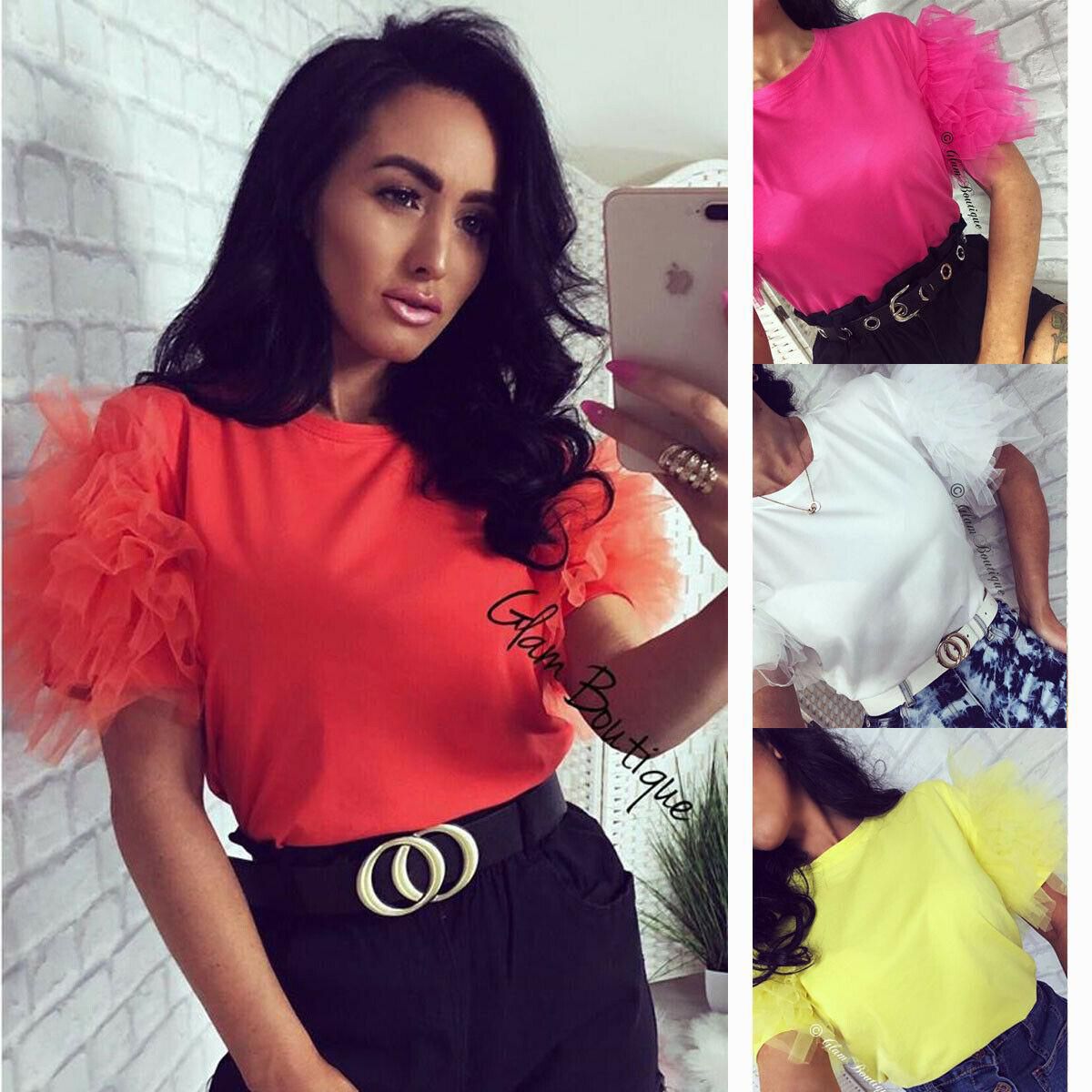 Women Summer Tulle Ruffle Short Sleeve T Shirt Ladies Loose Casual Blouse Top